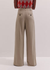 Brown Wide-Leg Double Pleat Pinstripe Pant