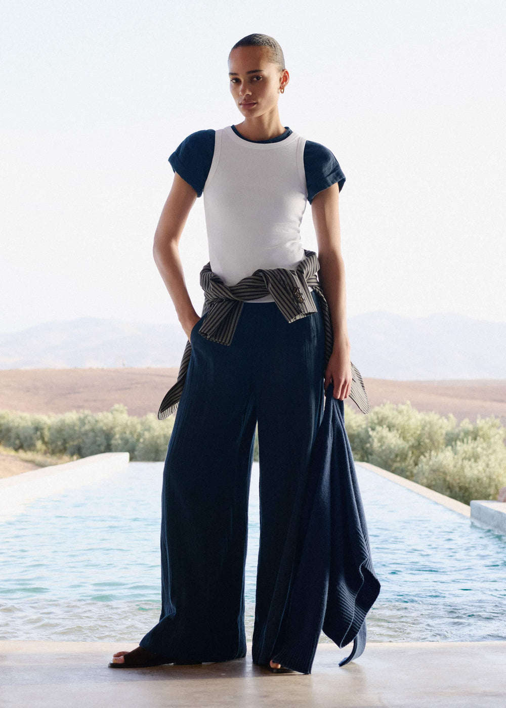 Navy Cheesecloth Wide-Leg Pant