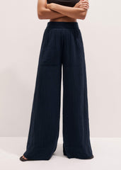 Navy Cheesecloth Wide-Leg Pant