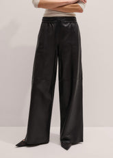 Warm Black Leather Wide-Leg Track Pant
