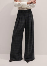 Gray Wool Wide-Leg Double Pleat Trouser