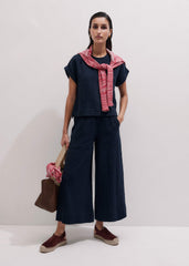 Navy Cheesecloth Cropped Wide-Leg Pant