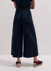 Navy Cheesecloth Cropped Wide-Leg Pant