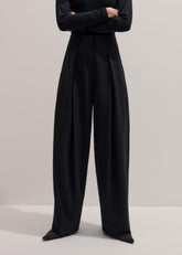 Black Wool Exaggerated Tapered Pleat Pant