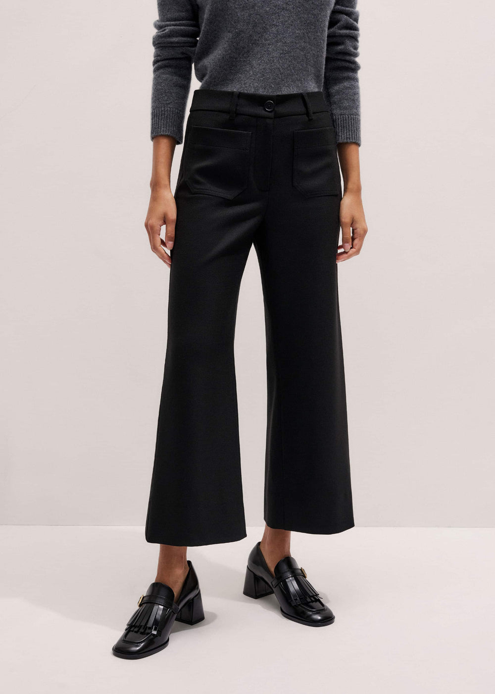 Black Stretch Twill Patch Pocket Cropped Kick-Flare Pant