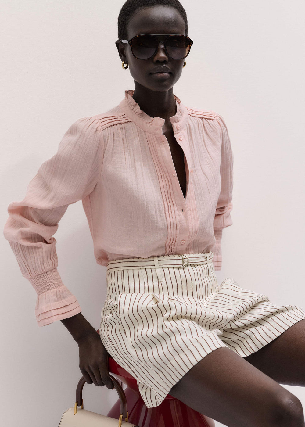 Pink Pleat Detail Long Sleeve Cheesecloth Blouse