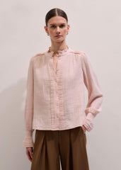 Pink Pleat Detail Long Sleeve Cheesecloth Blouse