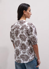 White Cheesecloth In-Full-Bloom Print Straight Blouse