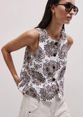 White Cheesecloth Full Bloom Print Short Straight Top