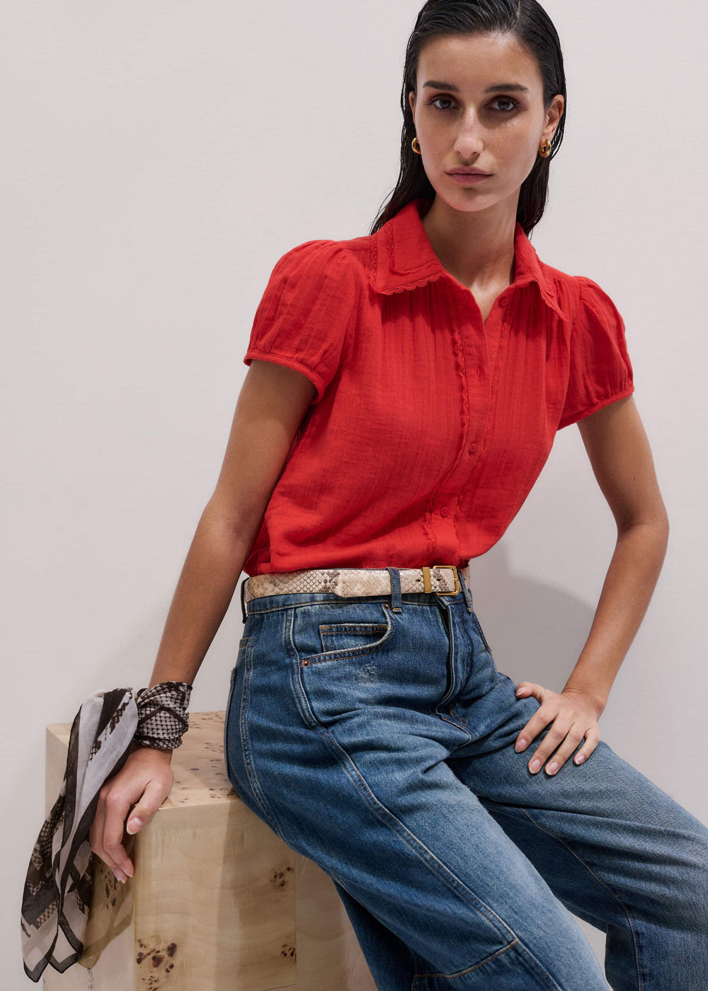 Red Cheesecloth Cap-Sleeve Blouse