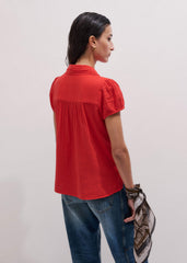 Red Cheesecloth Cap-Sleeve Blouse
