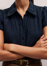 Navy Cheesecloth Cap-Sleeve Blouse