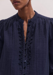 Navy Cheesecloth Intricate Detail Blouse