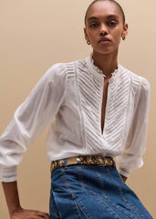 White Delicate Pintucked High-Neck Top