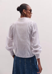 White Delicate Pintucked High-Neck Top