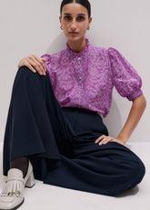 Purple Silk Cotton Entangled Lace Print Straight Blouse