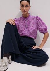 Purple Silk Cotton Entangled Lace Print Straight Blouse