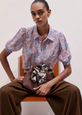 Blue Silk Cotton Gilded Paisley Print Straight Blouse