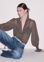 Brown Silk Lace Print Straight In-The-Details Blouse