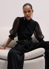 Black Lace Insert Tulle Layering Blouse