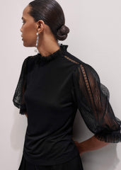 Black Lace Insert Tulle Layering Blouse