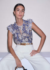 Blue Elaborate Botanical Print Ruffle Straight Blouse