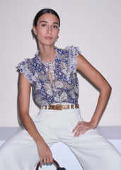 Blue Elaborate Botanical Print Ruffle Straight Blouse