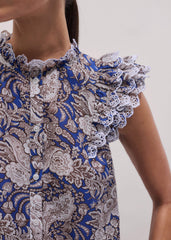 Blue Elaborate Botanical Print Ruffle Straight Blouse