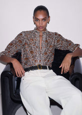 Brown Silk Cotton Rising Wildflower Print Blouse
