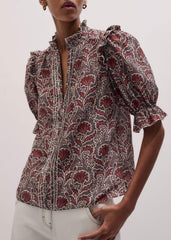 Brown Silk Cotton Rising Wildflower Print Blouse