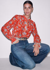 Orange Ornate Floral Paisley Print Blouse