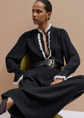 Black Micro Polka Dot And Lace Blouse