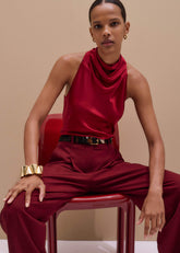 Red Silk Satin Halterneck Sleeveless Top