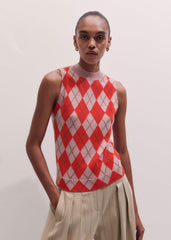 Pink Fine Argyle Slim Knit Vest