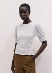 White Soft Cotton Contrast Stitch Smocked Day Top