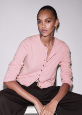 Pink Cashmere Roll Trim Straight Cardigan
