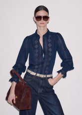 Navy Cotton Voile Broderie Detail Shirt