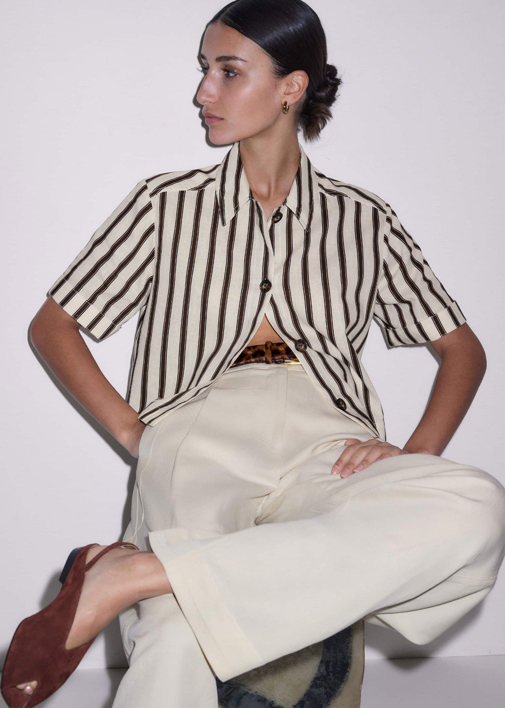 Cream Crease-Less Linen Spring Stripe Boxy Cropped Shirt