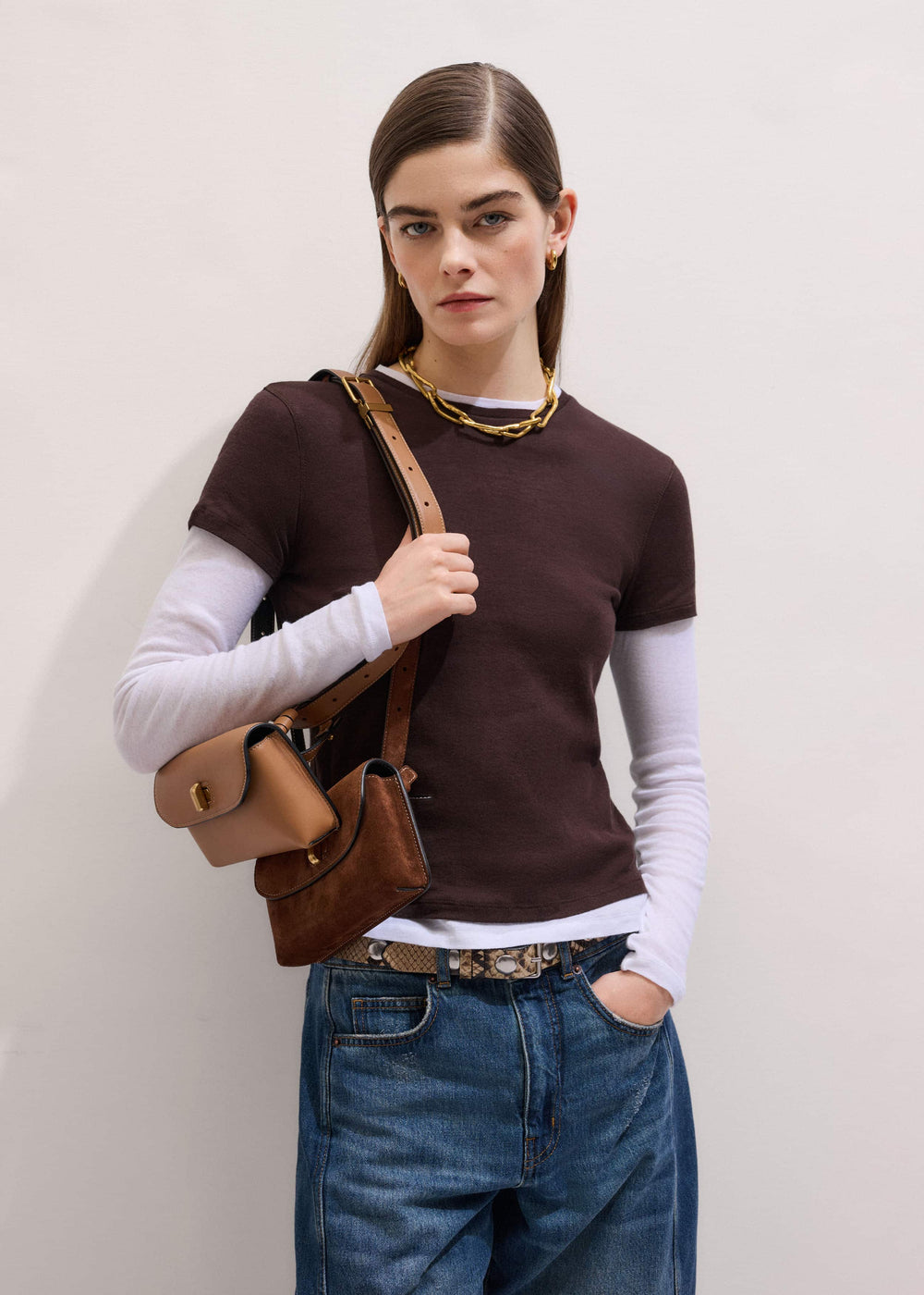 Brown Sheer Double-Layer Look Top