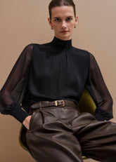 Black Silk Chic Rib Straight Blouse