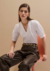 White Feminine Sleeve V-Neck Tee