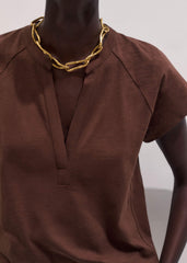 Cinnamon Open Placket V-Neck Swing Top