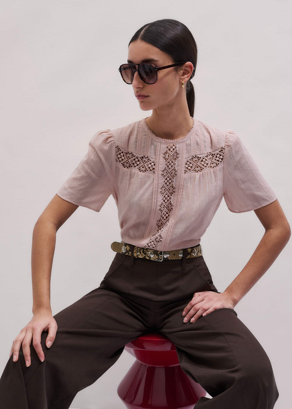Pink Embroidered Cutout Tee