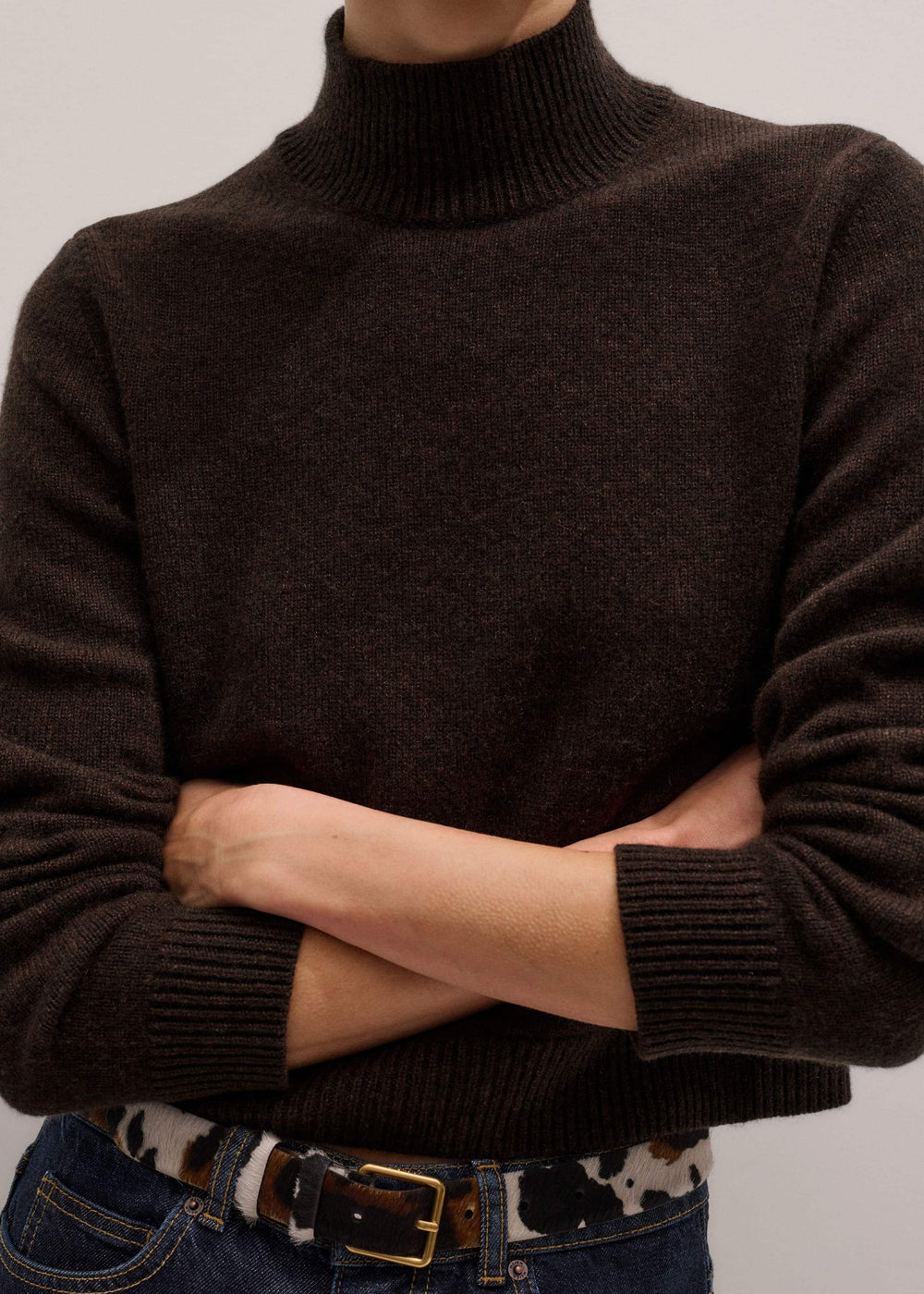 Brown Cashmere High Neck Crop Jumper
