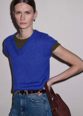 Blue Merino Cashmere Silk V-Neck Baby Tee
