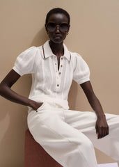 Cream Pointelle Pouf Sleeve Sporty Smart Polo Top