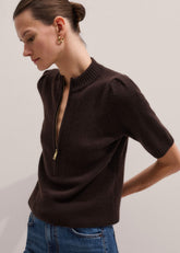 Brown Cashmere Zip Neck Pouf Sleeve Knit Tee
