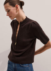 Brown Cashmere Zip Neck Pouf Sleeve Knit Tee