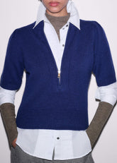 Blue Cashmere Zip Neck Pouf Sleeve Knit Tee