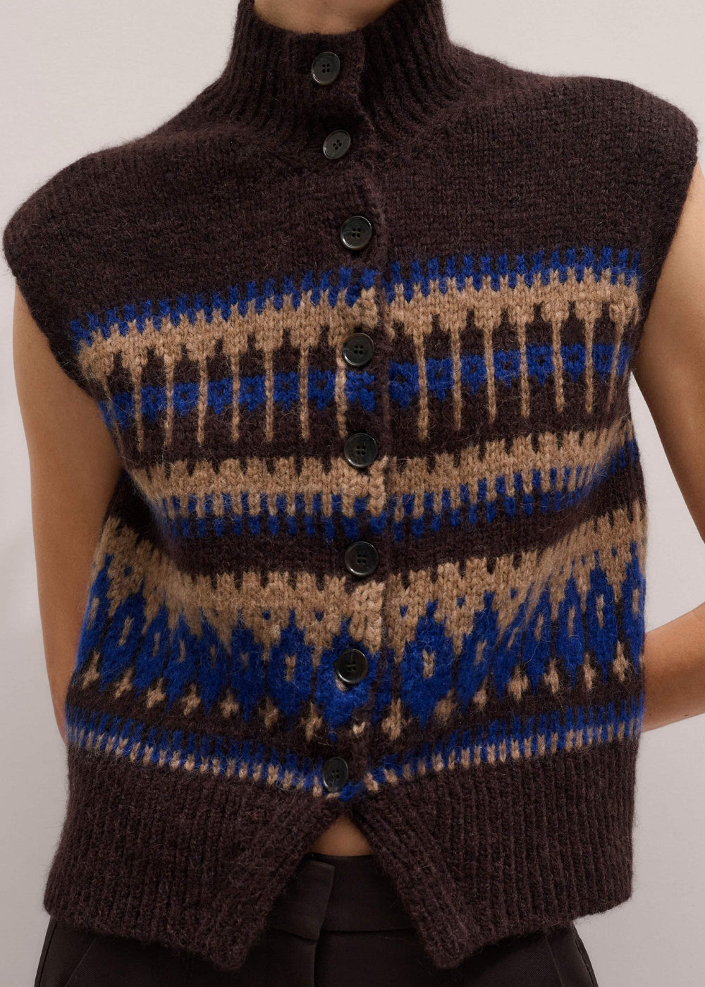 Brown Button-Through Relaxed Jacquard Vest